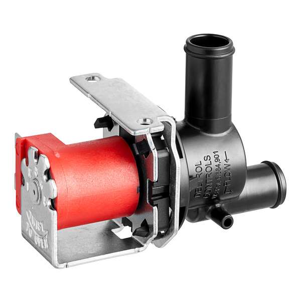 A red and black Scotsman dump valve with a red hose.