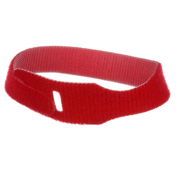 A red Cleveland Tak-Ty cable tie with a hole in it.