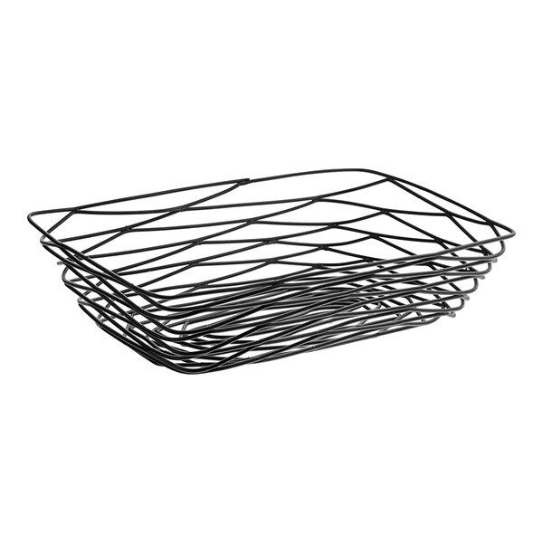 A Tablecraft black wire basket with a handle.