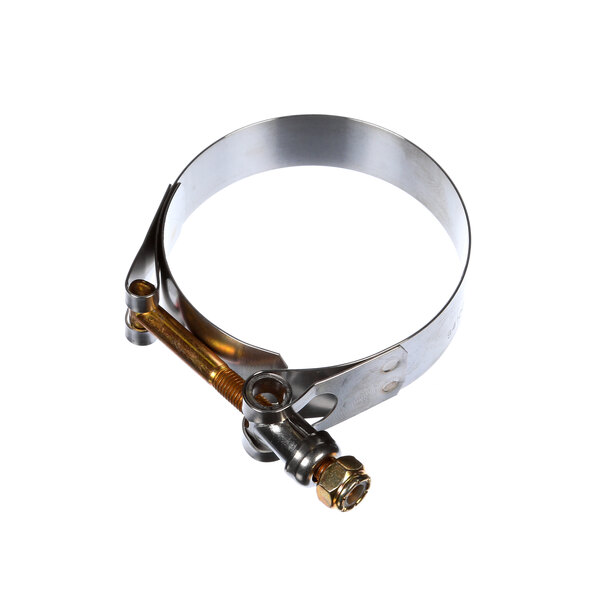 A stainless steel Champion hose clamp with a brass handle and a bolt and nut.