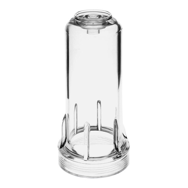 A clear glass container with a black lid.