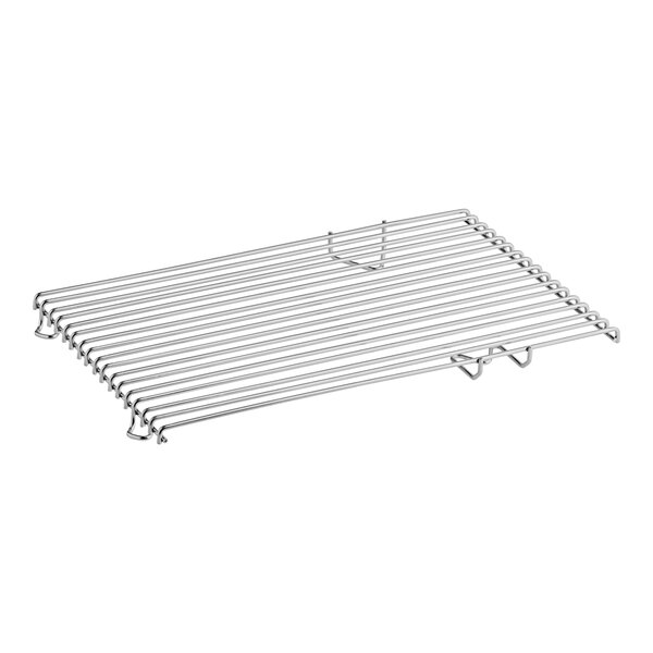 A stainless steel wire rack with a handle.