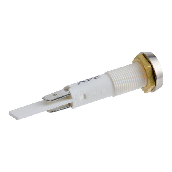 A white cylindrical component with a threaded section, a metal hex nut, and two flat metal terminals extending from one end.