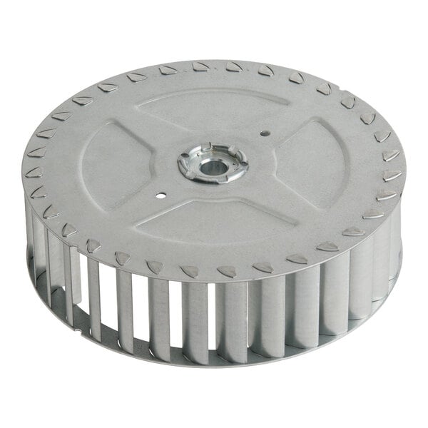 A round metallic component with evenly spaced vertical blades around its circumference and a central mounting hole.