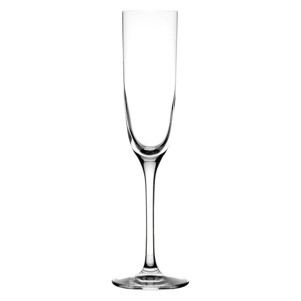 A clear Stolzle flute glass with a long stem.
