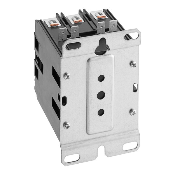 A metal box with three switches and three holes.