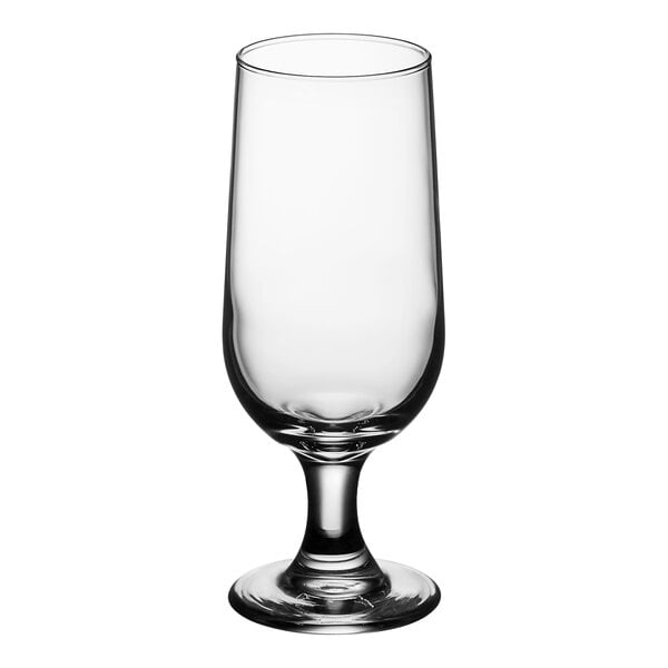 A clear Libbey stemmed Pilsner glass with a small base on a white background.