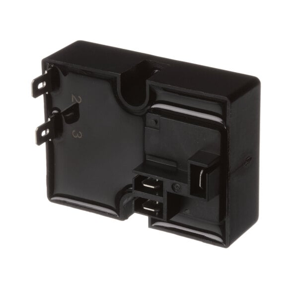 A black rectangular Glastender Defrost Timer with two wires.