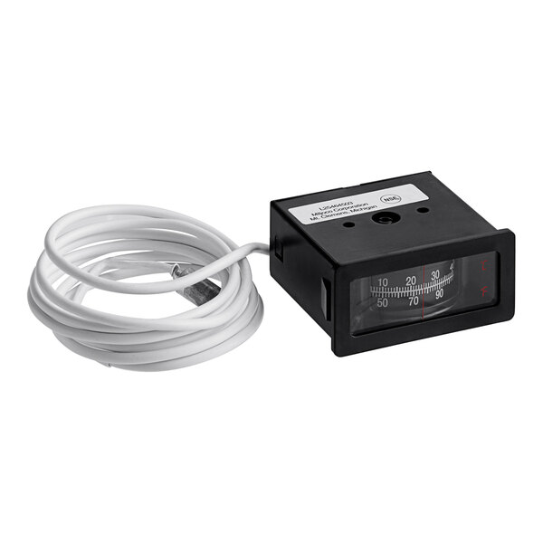 A black rectangular Hatco temperature monitor with a white label and cable.