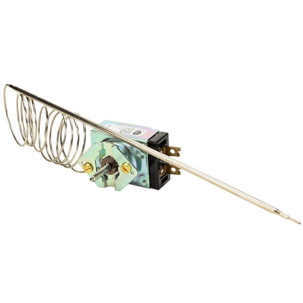 A Duke commercial refrigeration thermostat with a metal rod and spring.