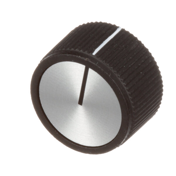 A black and silver Hatco knob with a white line on the surface.