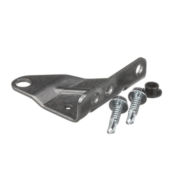 A Glastender metal hinge bracket with screws and nuts.