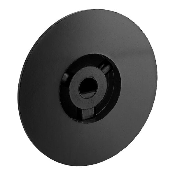 A black circular plastic knob with a hole in the center.