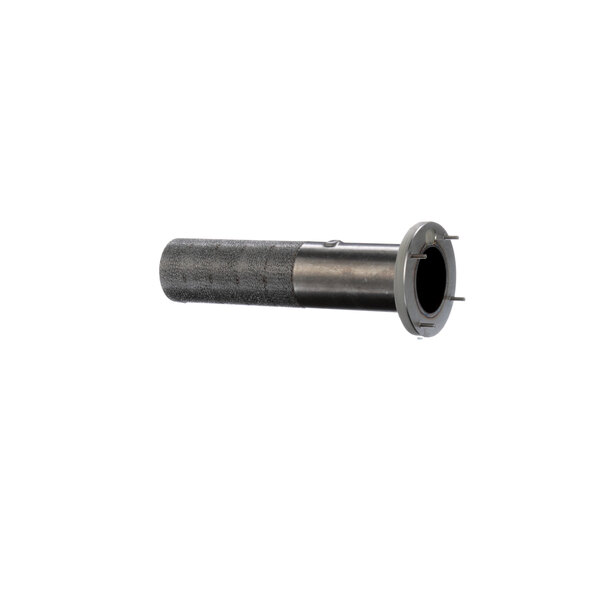 The lower half of a metal cylinder with a black pipe.