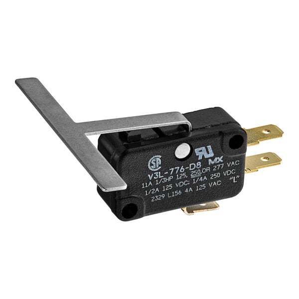 A black and silver Ice-O-Matic bin switch with a metal handle.