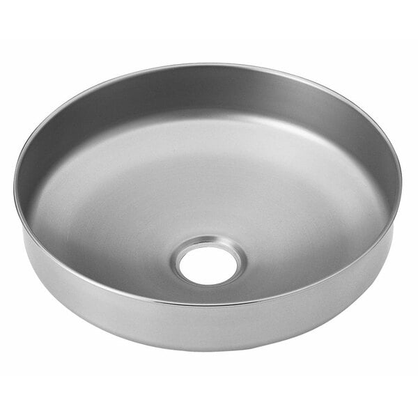 A round silver stainless steel bowl with a hole in the middle.