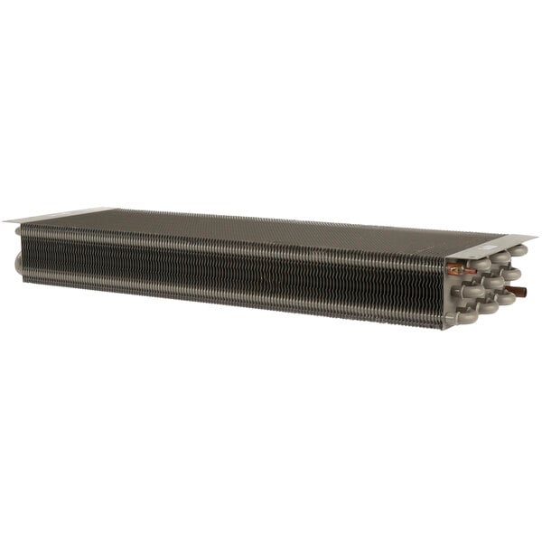 A close-up of a black metal True Refrigeration evaporator coil.