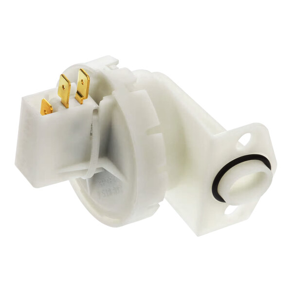 A white plastic level switch with metal terminals and a mounting flange, designed for use in electrical or appliance applications.