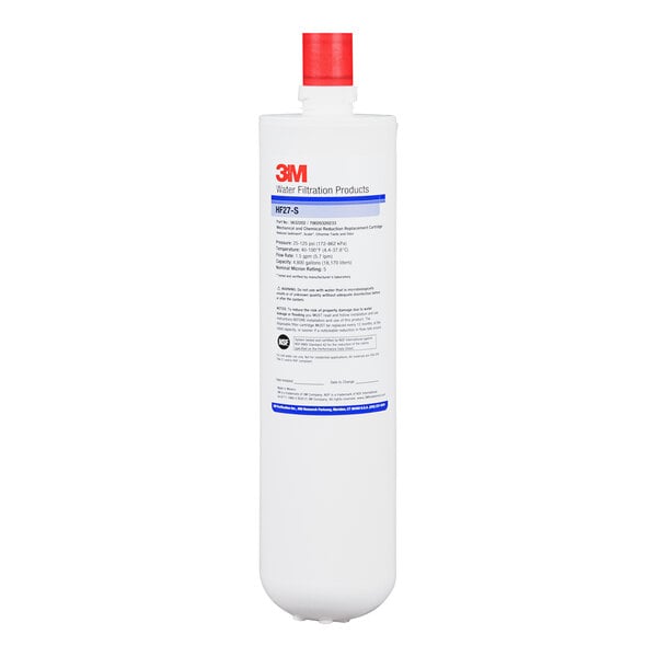 A 3M water filtration cartridge with a red and white label.