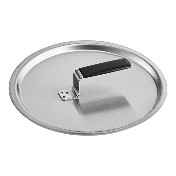 A metal lid with a black handle.