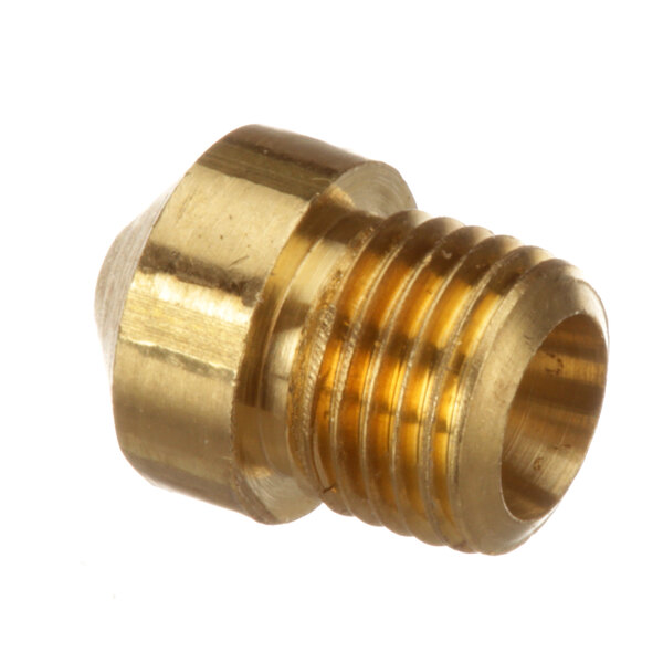 A close-up of a brass threaded pipe fitting.