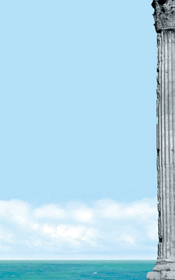 Menu paper with a Mediterranean themed Parthenon design on a tall stone pillar.