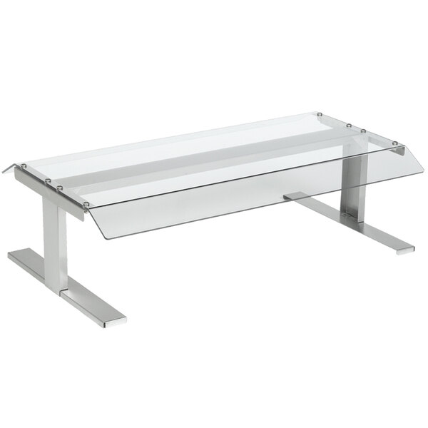 A Nemco polycarbonate pass-through sneeze guard on a clear glass table with a clear glass top.