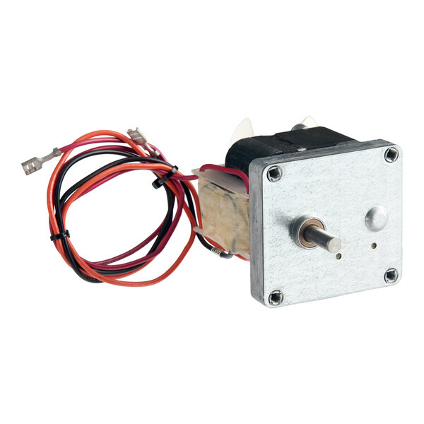 A small electric motor with a metal mounting plate, protruding shaft, and attached red and black wires.