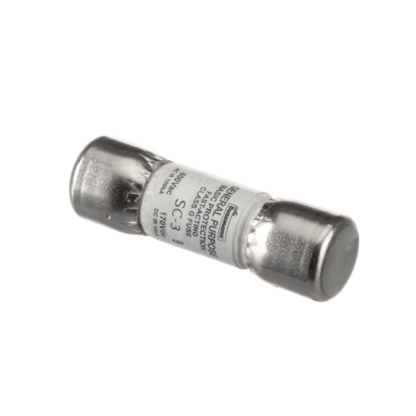 A close-up of a silver APW Wyott 3 amp fuse.
