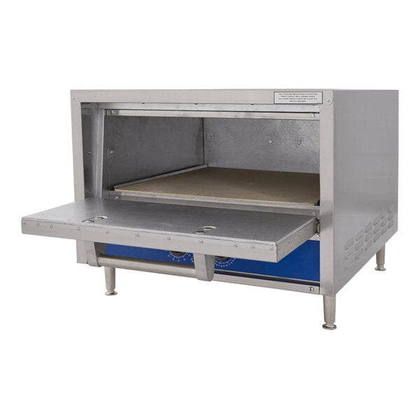 A stainless steel electric countertop bake and roast oven with a front-opening door and a stone deck.