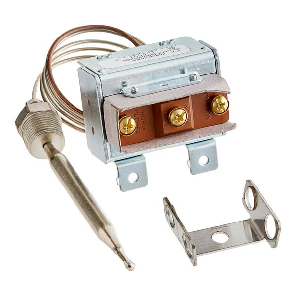 An American Range hi limit thermostat with a metal rod and metal connector.