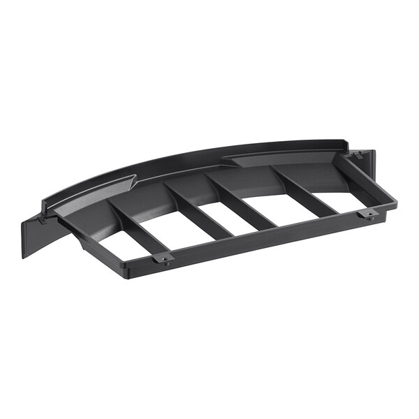 A black plastic shelf clip with four shelves on it.