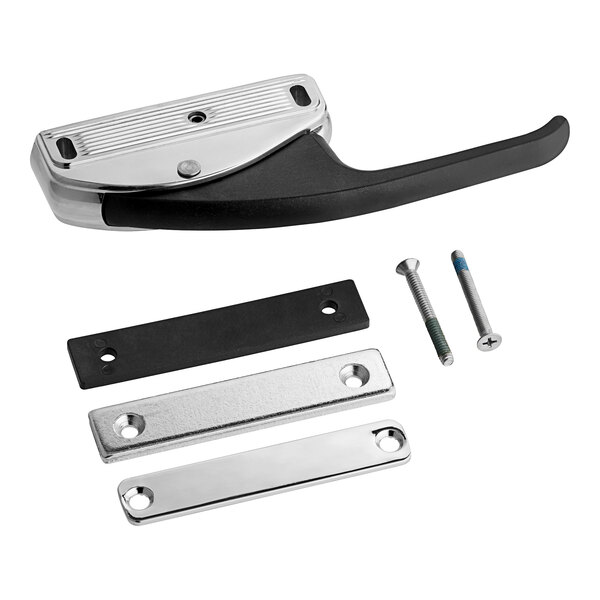 A black and silver door latch kit.