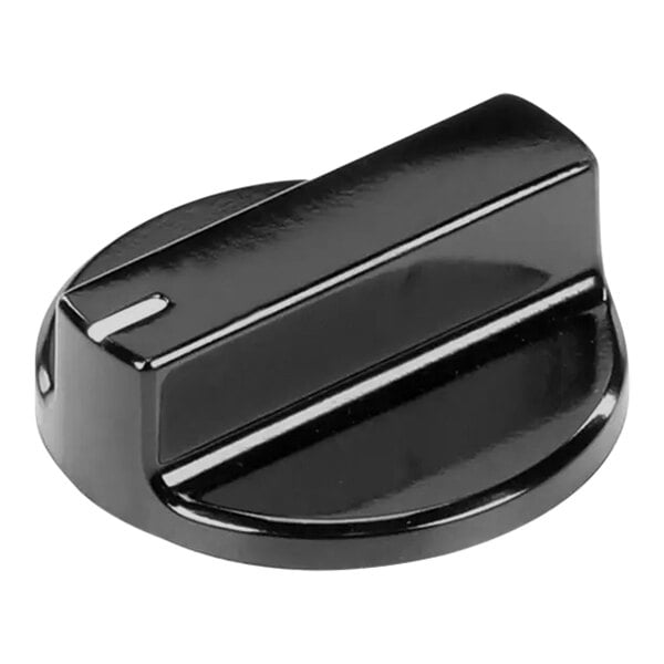 A black plastic knob with a white stripe.
