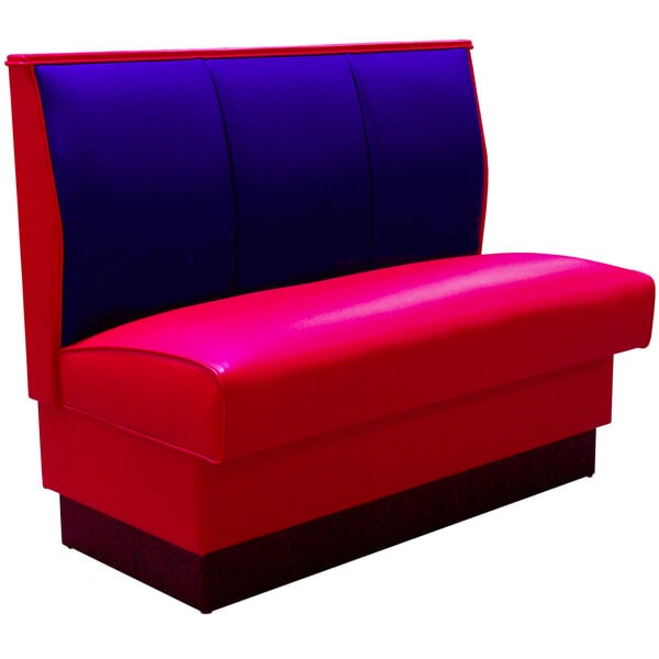 An American Tables & Seating red and blue wall bench with a 3 channel back.