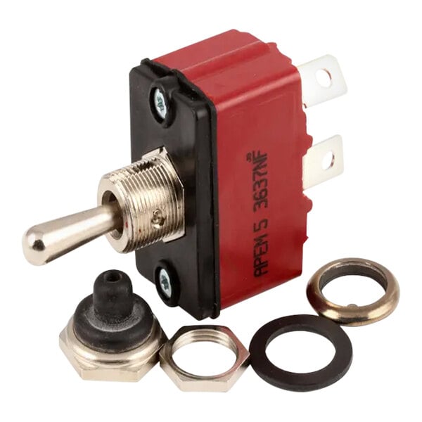A metal toggle switch with a red and black body, shown with mounting hardware and a rubber cover.