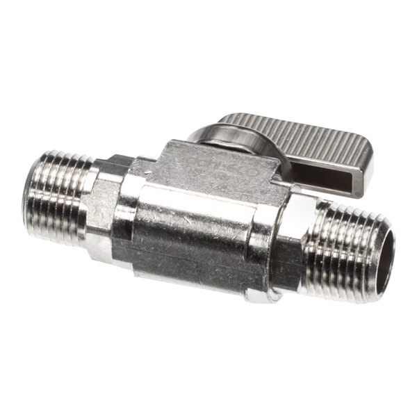A close-up of a Crown Steam stainless steel ball valve with a metal handle.