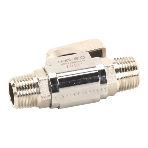 A metal ball valve with threaded male ends and a lever handle.