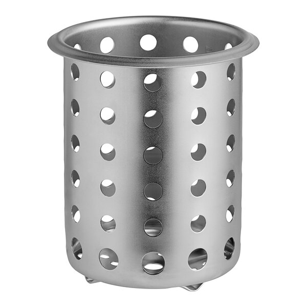 A Steril-Sil stainless steel flatware cylinder with holes.