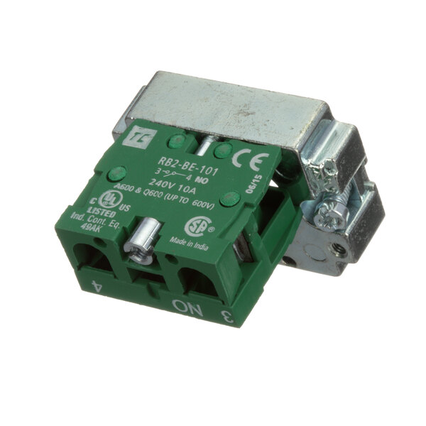 A green Blakeslee circuit breaker with two terminals.