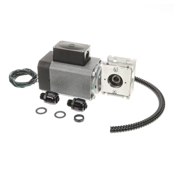 A metallic gearmotor assembly with a black electrical box, attached wiring, and several black and silver mounting components laid out on a white background.