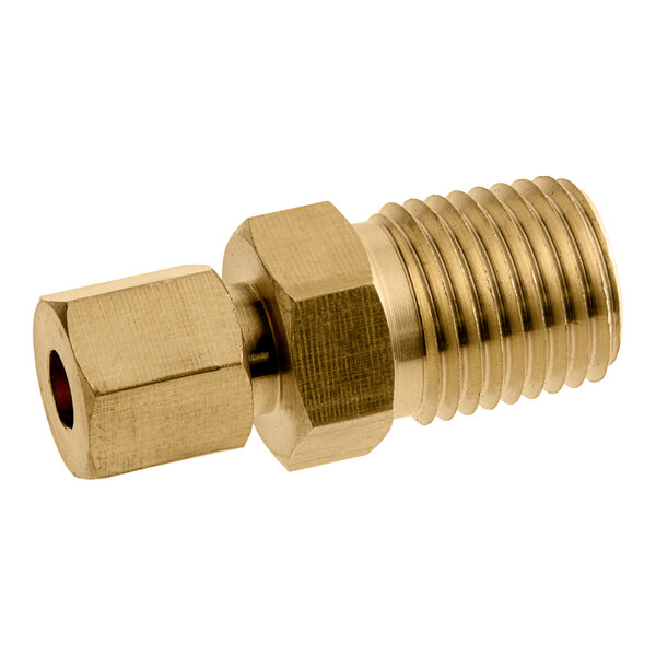 A brass Blodgett 5387 orifice fitting with a threaded end and hexagonal nut.