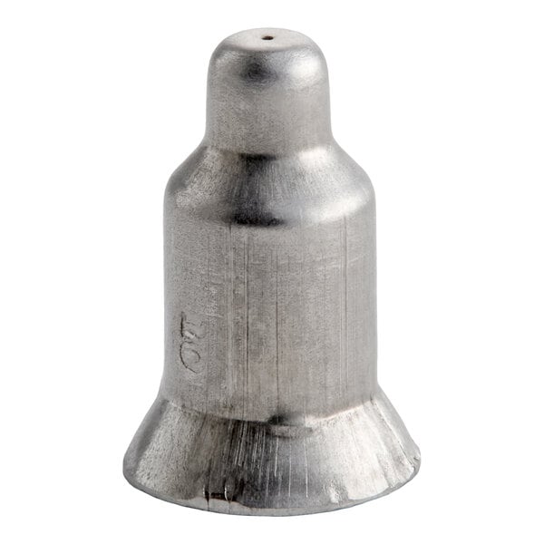 A metallic, cylindrical component with a flared base and a small central hole at the top, likely used as an orifice or nozzle.