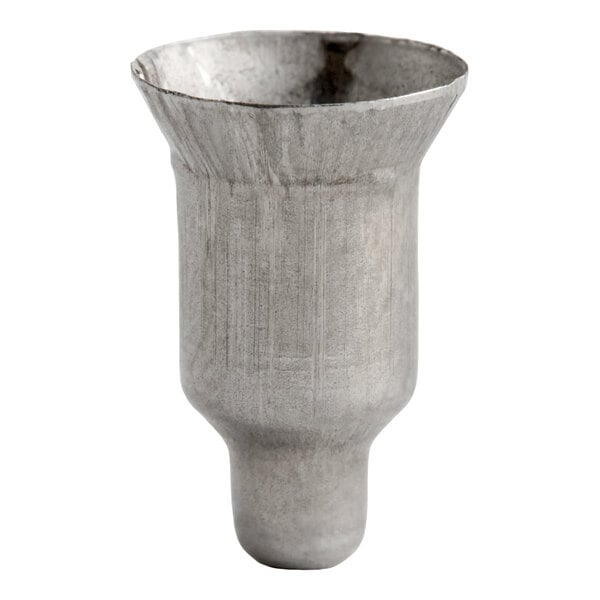 A metallic, cylindrical component with a flared top and a narrower bottom section, featuring a rough, unfinished surface.