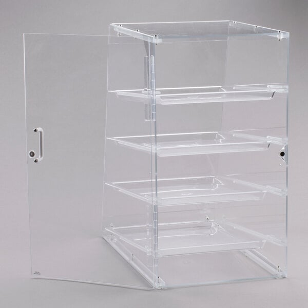 a clear plastic shelf with four shelves