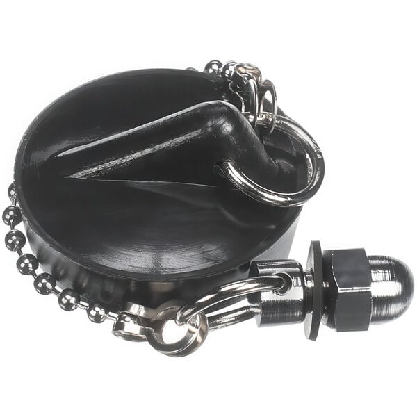 A black round Rational drain plug with a silver metal chain.