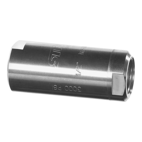 A metallic cylindrical valve with engraved text, featuring a hexagonal end and a smooth, polished surface.
