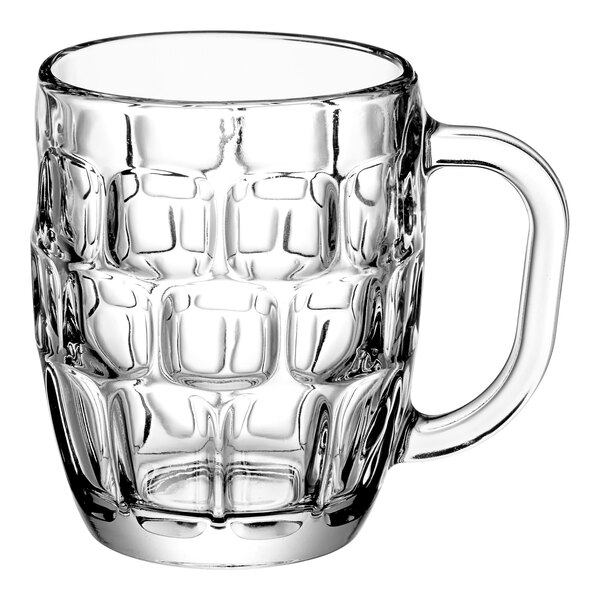 A clear glass Libbey beer mug with a patterned design and a handle.