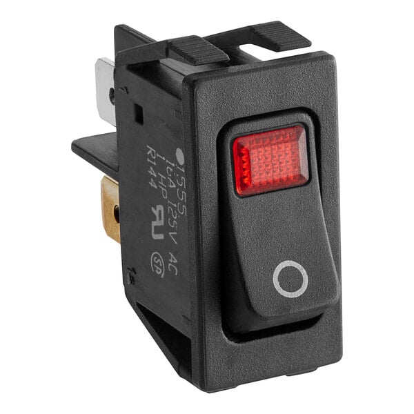 A Hatco switch with black and red buttons and a red light.