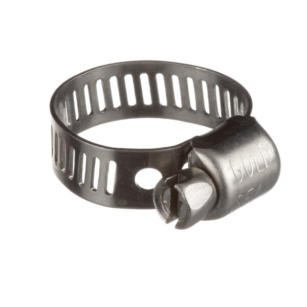 A close-up of a Moyer Diebel metal hose clamp with a nut.